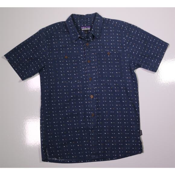 Patagonia Men's Back Step Blue Design Hemp Organic Cotton Button-Up Shirt S - Picture 1 of 7